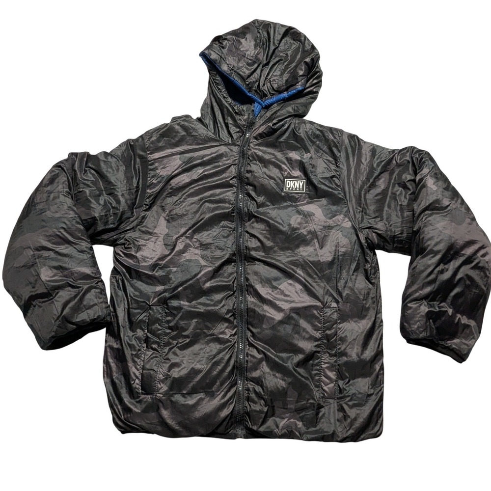 DKNY Sport Boys Reversible Hooded Puffer Jacket Black Camo Blue Size L 14/16